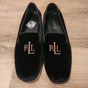 Lauren Ralph Lauren Womens Black Velvet Loafers Slip On Flats RL Logo 9B